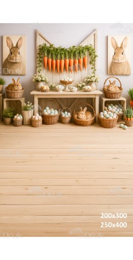 Tło fotograficzne wielkanocne z królikami, koszykami pisanek i girlandą marchewek | E572